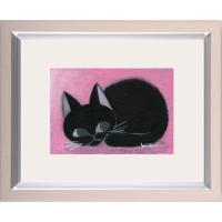 猫 絵画 黒猫 絵 アクリル画 香月和夫 「白いソファと黒い猫」 額付き 