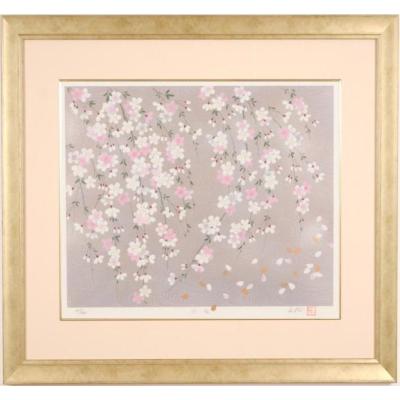 宇野千代　桜の花 シルクスクリーン E.A.　落款 宇野千代 「うす墨の桜」 シルクスクリーン 直筆サイン・落款