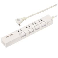 オーム電機　USB充電ポート2口付雷ガード付節電タップ(コンセント4個口/コード長2m/ボタン式個別スイッチ/本体色ホワイト)　HS-TPKU42W-22 (00-1668) | オールライト Yahoo!店