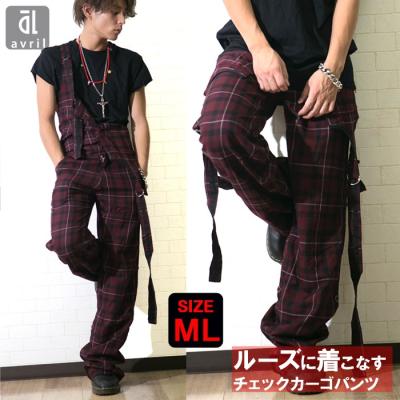 チェックパンツ（メンズつなぎ、オールインワン）（色：ブラック系