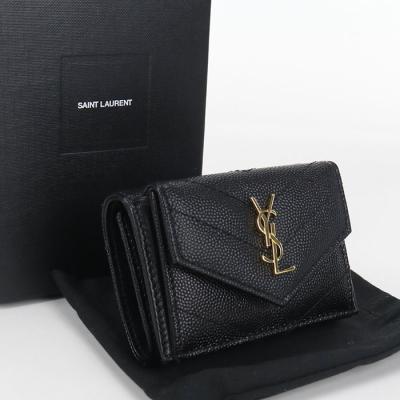 美品✨イヴサンローラン 三つ折り財布 YSLロゴ ブラック コンパクトウォレット 美品】Yves Saint Laurent イブサンローラン 折りたたみ財布