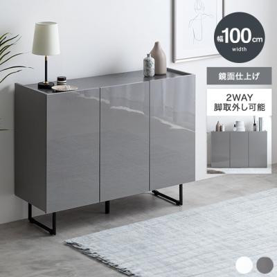 木目キャビネット　鏡面仕上げ RA-3262 幅89cm・木目ブラウン＆ブラック鏡面仕上げモダン