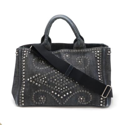 PRADA カナパビジュートートバッグ PRADA(プラダ) カナパ トートPM ビジュー付き ブラックデニム