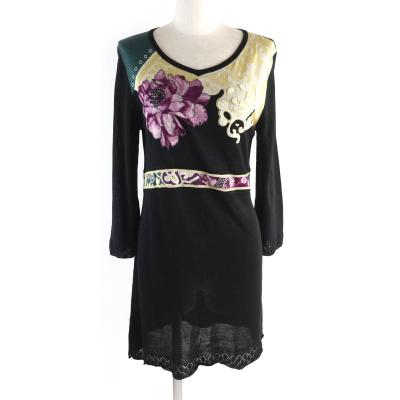 極美品★レオナール ファッション 0387454 ビーズ ラインストーン装飾 ロゴ刺繍入り 七分丈 ニット チュニック ブラック マルチ L 正規品 極美品☆レオナール ファッション 0387454 ビーズ ラインストーン装飾