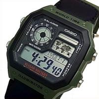 CASIO Standard カシオ スタンダード 世界地図表示ワールドタイム メンズ腕時計 モスグリーンナイロンベルト 海外モデル AE-1200WHB-3B | BRIGHTヤフー店