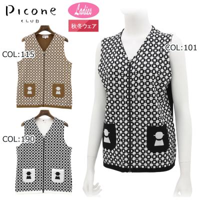 ピッコーネクラブ PICONECLUB C418923 レディース ベスト Ｖネック ニット フロントジップ ゴルフウェア スポーツウェア 秋冬 STUDIO PICONE（スタジオピッコーネ） ピッコーネクラブ PICONECLUB