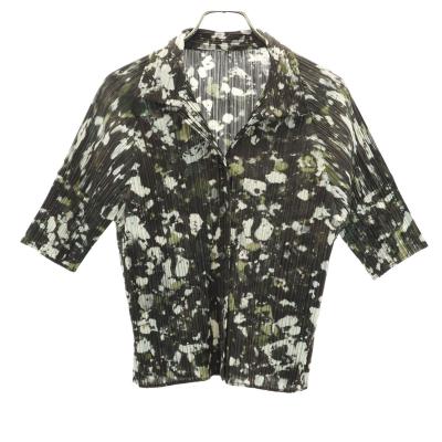 古着 PLEATS PLEASE プリーツプリーズ 90s 日本製 オールド 総柄 半袖 オープンカラーシャツ 3 グリーン系 イッセイミヤケ レディース PLEATS PLEASE（プリーツ プリーズ） 90s 日本製 オールド 総柄 半袖