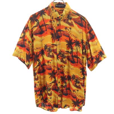 古着 BALENCIAGA バレンシアガ 18ss パームツリー柄 半袖 ボタンダウン アロハシャツ 37 イエロー メンズ BALENCIAGA（バレンシアガ） 18ss パームツリー柄 半袖 ボタンダウン