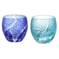 切子グラス　青とレークブルー　ペアセット　切子猪口ペア　切子ぐい呑み　おちょこペア　ギフトＢＯＸ入り　綺麗　菊つなぎ