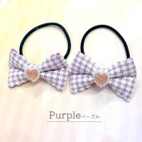 ヘアゴム ギンガムチェック リボン ハート ストーンパール 2個