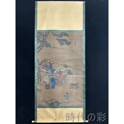 中国古美術 清時代 絹本手描き 劉松年作款 水墨画 人物画 六尺 双軸 古美味