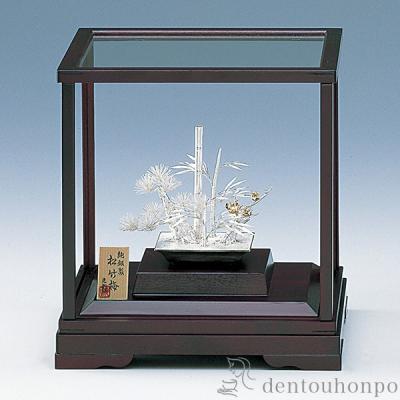 純銀製 松竹梅置物 開運 中古 武峰作 純銀 扇 松竹梅 ガラスケース 金属工芸 置物 オブジェ