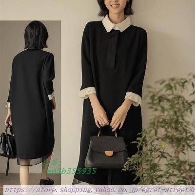 秋冬 長袖 白襟 上品ワンピース 通勤 お出掛け 改まった席 膝下丈