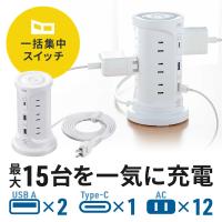タワー型電源タップ タワータップ USB充電対応 タイプC搭載 12個口 2m ホワイト EZ7-TAP075W | イーサプライ ヤフー店