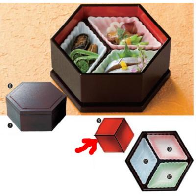 六角 弁当箱 五客 懐石　茶道具 料亭 8.5寸角格子松花堂 溜 滑り止めマット付 懐石 おしゃれ 料亭 仕出し