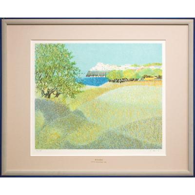 【真作】版画　リトグラフ　印象派風の夏景色　爽やかな草原の風景　W21 東山魁夷 生前作 「 緑の渓 」 リトグラフ 版画 版画 絵画 日本