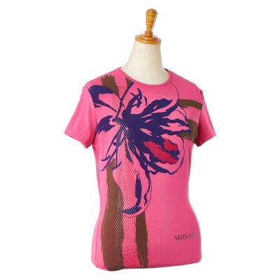 ヴェルサーチェ JEANS COUTURE ハイビスカス Ｔシャツ サイズ:S ピンク マルチカラー ポリエステル レディース VERSACE 【中古】 ヴェルサーチェ JEANS COUTURE ハイビスカス Tシャツ サイズ:S ピンク