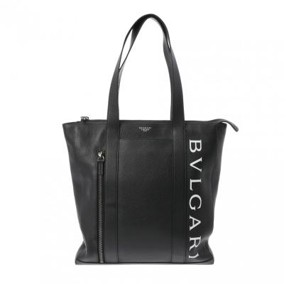 BVLGARI ブラックレザートートバッグ BVLGARI ブルガリ ロゴマニア トートバッグ ブラック キャンバス