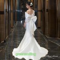 ウェディングドレス ウエディングドレス ロングドレス 二次会 結婚式 前撮り ブライダル 花嫁 サテン オフショルダー 後ろリボン アシンメトリー