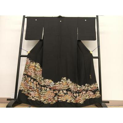 もも様❇️中国三大刺繍　蘇州刺繍 正絹黒留め袖　フルセット 黒留袖 蘇州刺繍 中国刺繍 扇面 熨斗目 仮絵羽 未仕立て 蔵出し