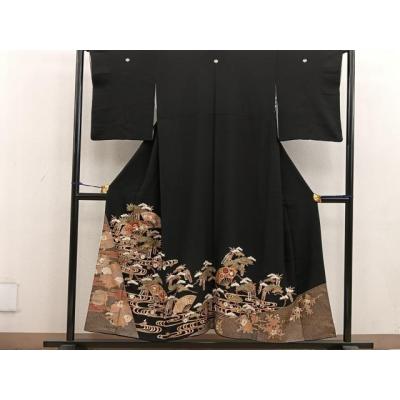 平和屋着物○アンティーク 大正ロマン 振袖 駒刺繍 流水草花文 金彩