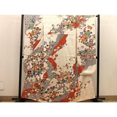 平和屋着物●豪華振袖　友禅　駒刺繍　花筏文　金彩　正絹　逸品　AABB7956ck 平和屋着物○豪華振袖 友禅 駒刺繍 花筏文 金彩 正絹 逸品 AABB7956ck