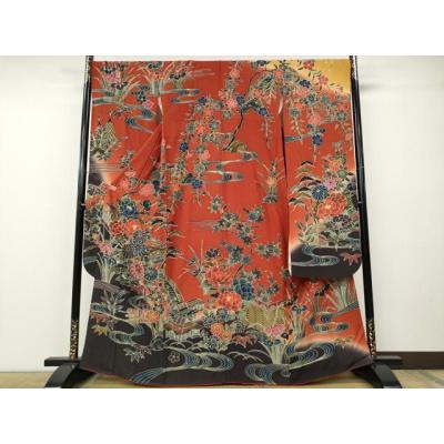 振袖 着物 袷 京紅型 手染 高級 橘 梅 牡丹 裄66 Ｍ 中古 sn1643 振袖 着物 袷 京紅型 手染 高級 橘 梅 牡丹 裄66 M 中古 sn1643