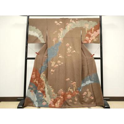 訪問着 スワトウ刺繍 金糸 流水 花模様 竹 リーフ 紋無し 着物 045a d