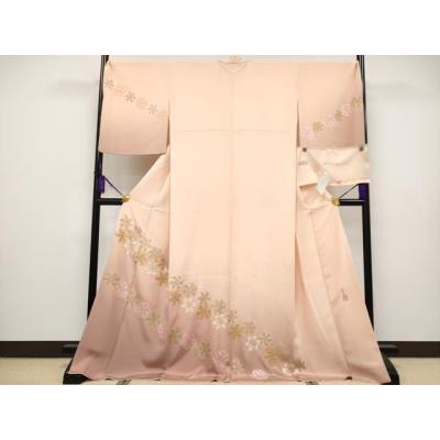 平和屋本店■極上　人間国宝　福田喜重　刺繍　訪問着　百合車　暈し染め　金銀彩　洒落柿色地　反端付き　逸品　CYAA2509s5 人間国宝 故・福田喜重】 特選工藝摺箔友禅日本刺繍訪問着 ≪御仕立て