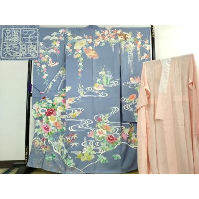 平和屋本店●極上　創業460年・千總 振袖・長襦袢(無双仕立て)セット 駒刺繍 舞蝶鴛鴦花文 青藤色地　金彩　高島屋扱い　逸品　DZAB2439kh6 平和屋本店○極上 創業460年・千總 振袖 駒刺繍 扇面花文 紺青色地