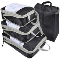 旅行 圧縮バッグ 4点セット トラベル 圧縮袋 トラベルポーチ 収納 ファスナー 大容量 衣類 仕分け 軽量 撥水 出張( ブラック) | スピード発送 ホリック