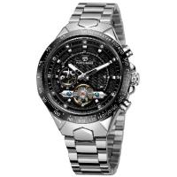 FORSINING Mens Tourbillon Self-Wind Mechanical Independent Seconds Dial Automatic Luxury Stainless Steel Large Dial Wrist Watch, Black dail Silver Ban | インタートレーディング