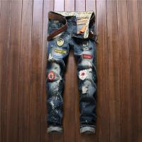 デニムパンツ メンズ ロング丈 ダメージ ワッペン クラッシュ加工