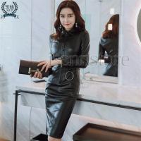 レザーワンピース S〜2XL スリット 前開きワンピース ベルト付き 長袖