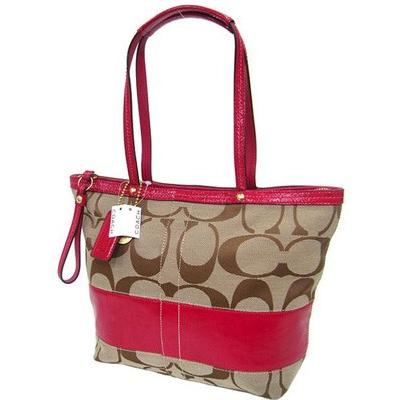 美品❣️ COACH　コーチ　トートバッグ　シグネチャー　ストライプ　赤　茶 コーチシグネチャーストライプトートバッグのおすすめ人気商品