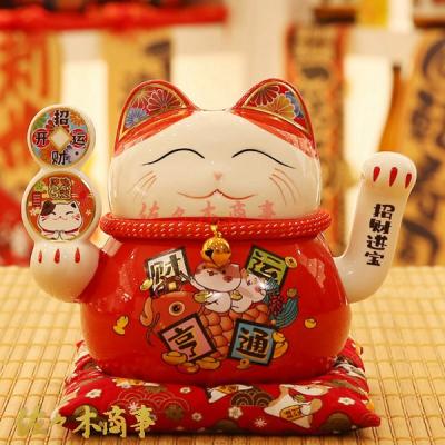 九谷焼   招き猫   赤盛６号   右手上げ   新品   座布団＆箱付き 九谷焼 招き猫 赤盛6号 右手上げ 座布団＆箱付き 新品 九谷焼