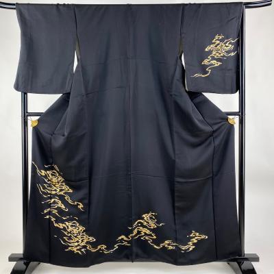 訪問着 身丈163cm 裄丈69.5cm L 袷 草花 波 総絞り 黒灰 正絹 美品 秀  