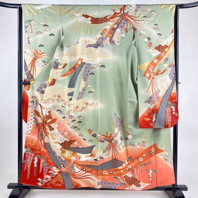 振袖 身丈165cm 裄丈69cm L 袷 御所車 松竹梅 金糸 金彩 濃紫 正絹 秀  