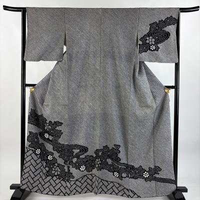 超美品　正絹　袷　総絞り　訪問着　付け下げ　着物 160 黒　ブラック　シンプル 裄長】訪問着 袷 しだれ桜に扇 観世水文織出し 絞り 金彩 刺繍