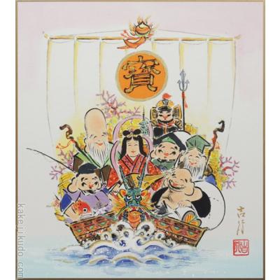 (受注生産品)七福神の水彩画☆大色紙☆額付 京七宝】陶額 七福神 - JTOPIA