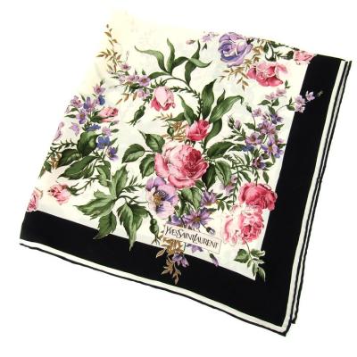 Yves Saint Laurent バラ 大ロゴ シルク 新品 白 スカーフ Yves Saint