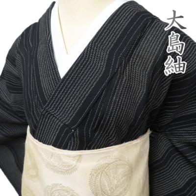 夏物 大島紬 夏大島 着物 中古 正絹 カジュアル ラベル付き 黒色 身丈  