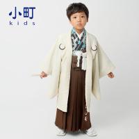 七五三 着物 3歳〜5歳 羽織袴セット 「クリーム扇面兜に鷹×黒菱型