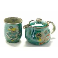 九谷焼 急須2点セット 小 宝尽くし緑塗り 裏絵(Kutani Teapot)おしゃれ 茶器 ポット ティーポット お茶 茶漉し 便利 縁起柄 プレゼント | 百華園(登録商標)