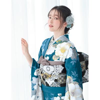 振袖正絹‼️豪華絢爛グリーンブルーに裾黒ラメキッラキラmodern