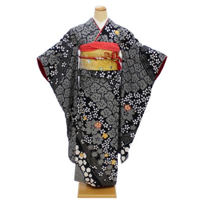 【即決価格】ちょっと訳あり　黒地に絞り振袖単品 振袖レンタル863和風館黒地に梅鶴 | 着物レンタルの京都かしいしょう