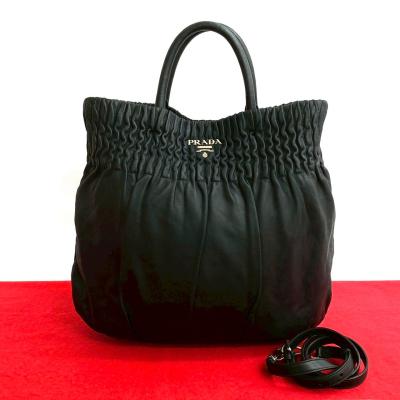プラダ ハンドバッグ 2way ギャザー レザー×ナイロン グレー プラダ バッグ 2way ギャザー（レディースバッグ
