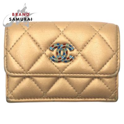 三つ折り財布 ゴールド（CHANEL）（バッグ、小物素材：本革、レザー