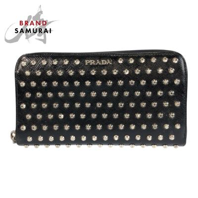 美品 PRADA プラダ スタッズ ブラック 黒 レッド シルバー金具 パテントレザー 長財布 ロングウォレット メンズ 600466 【中古】 PRADA（プラダ） 美品 スタッズ ブラック 黒 レッド シルバー金具