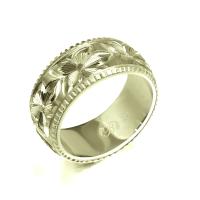  14Kグリーンゴールド バレル 幅8mm 厚み1.5mm プルメリア コインエッジ リング GB8D-D15